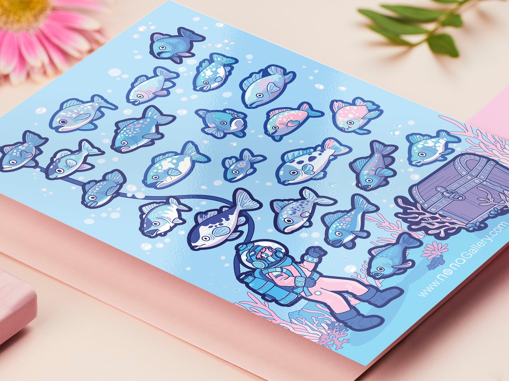 Blue gloss vinyl sticker sheet containing multiple cute funny fish stickers, a treasure chest and anime underwater ocean sea diver stickers