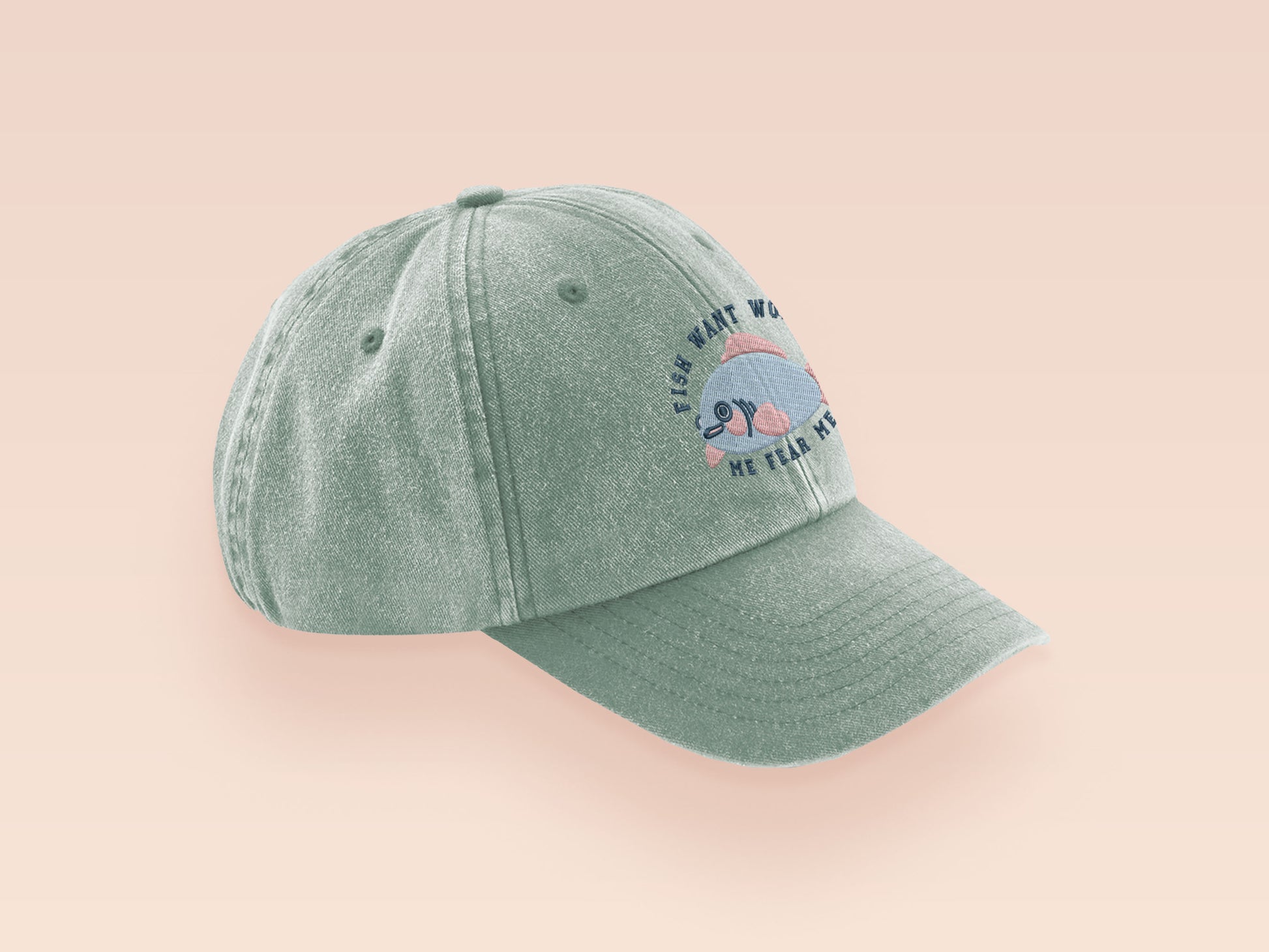 Vintage green baseball cap hat with an embroidered design of a cute blue fish with the quote Fish Want Women Me Fear Me.