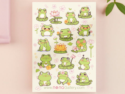 A large pastel coloured gloss vinyl sticker sheet with multiple cute frogs and lily pad stickers