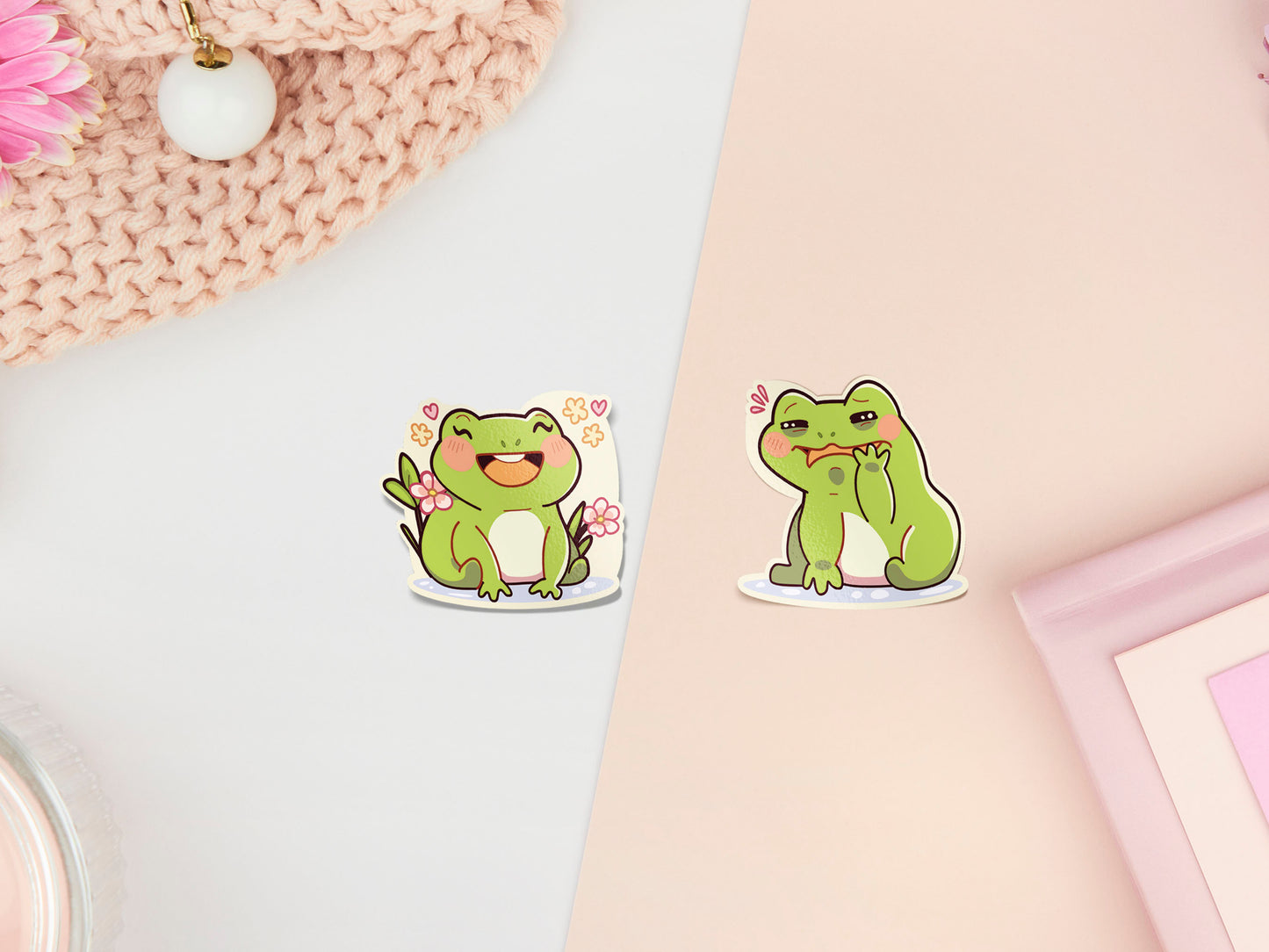 A pastel coloured gloss vinyl stickers of multiple cute frogs and lily pad