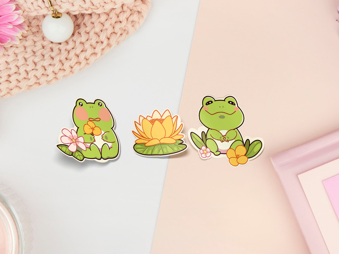 A pastel coloured gloss vinyl stickers of multiple cute frogs and lily pad