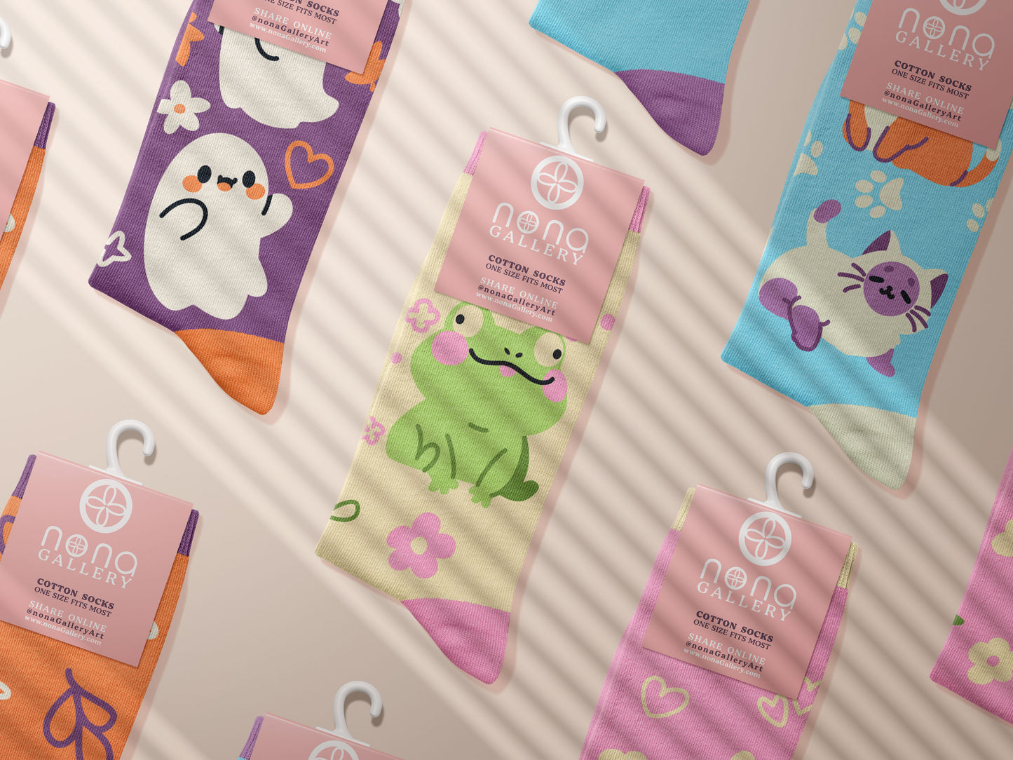 Multiple Cute knitted cotton crew socks with autumn-themed ghost designs, cute cats and kittens, and funny pastel frogs.