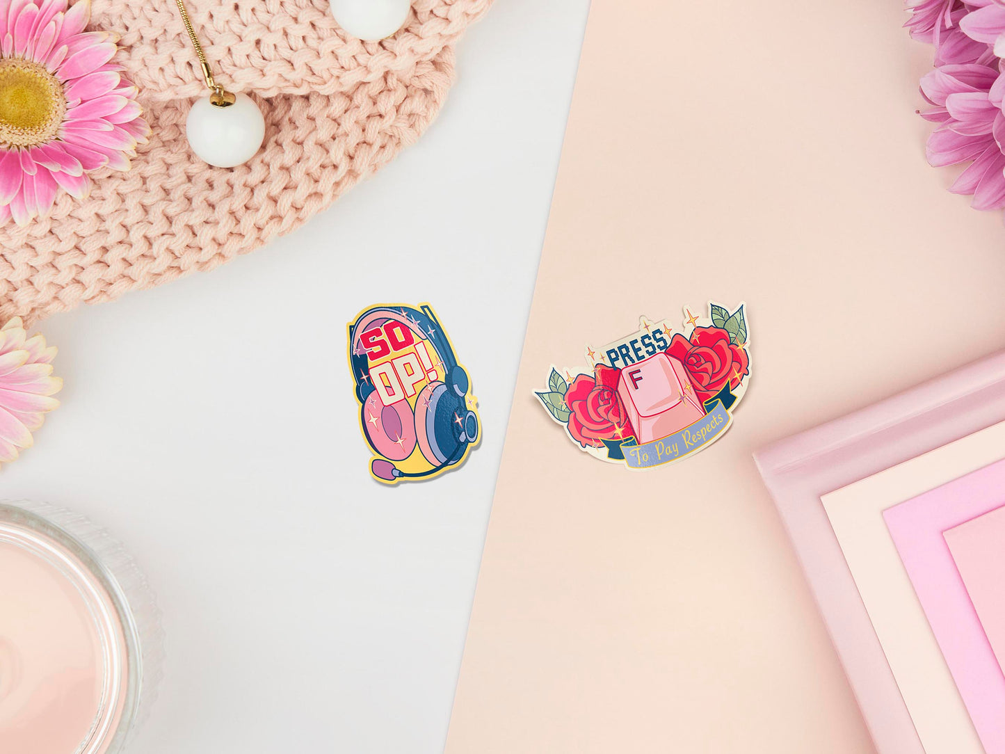 Two peelable stickers, the first sticker is a gaming headset with the words So OP! The second sticker is an F keyboard button with roses with a ribbon and text that reads Press F to pay respects
