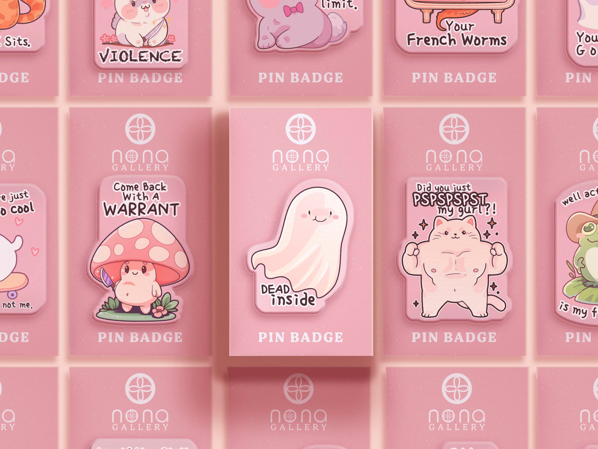 Multiple funny acrylic pin badges on pink backing cards, all with different cute cartoon designs.
