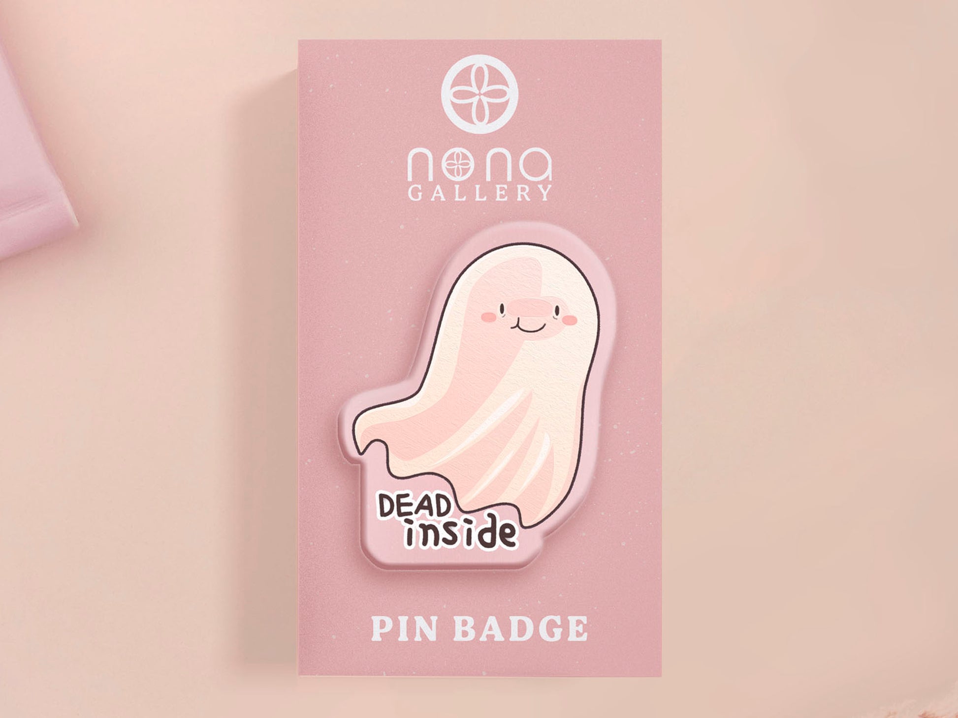 Acrylic transparent pin brooch badge of a cartoon chibi stressed ghost with the words Dead INside underneath.