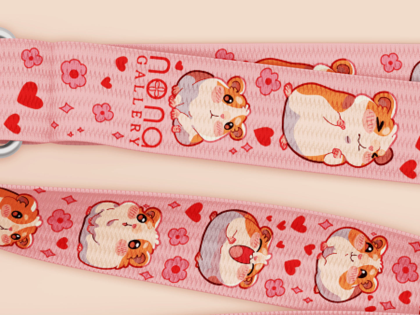 Cute full legth pink lanyard with a double sided guinea pig pattern and silver swivel hook clasp.