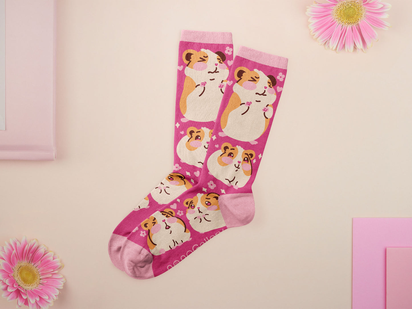 Cute knitted cotton crew socks with a baby guinea pig and hamster design.