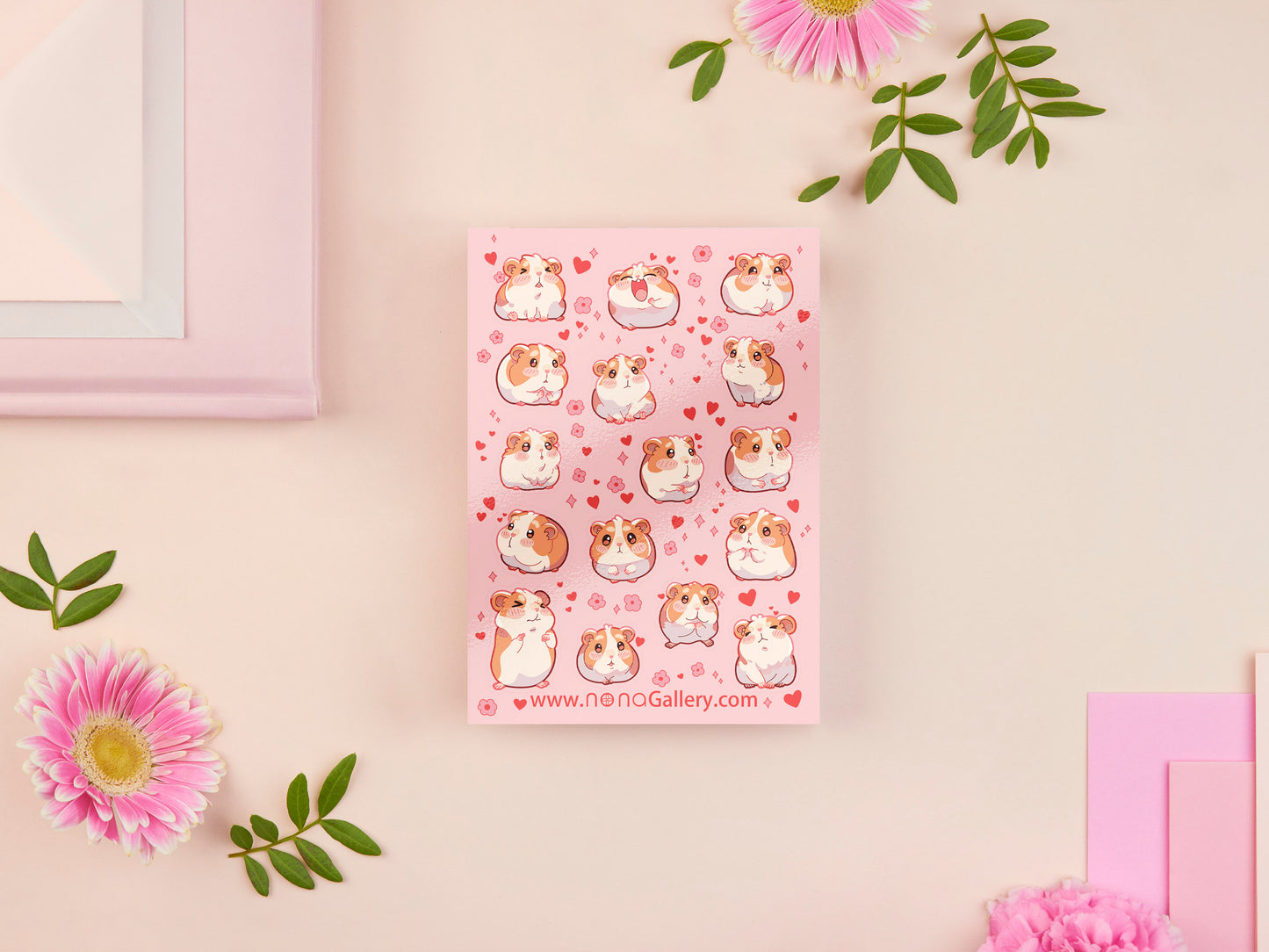 Cute large waterproof gloss vinyl sticker sheet of multiple chibi hamsters and guinea pigs
