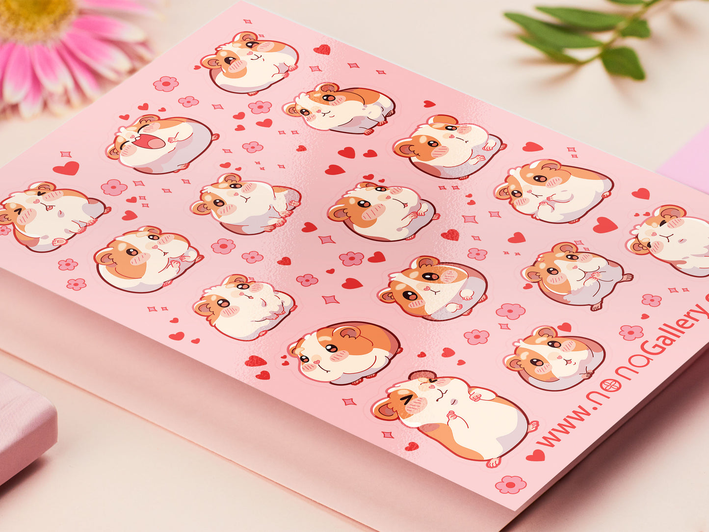 Cute large waterproof gloss vinyl sticker sheet of multiple chibi hamsters and guinea pigs