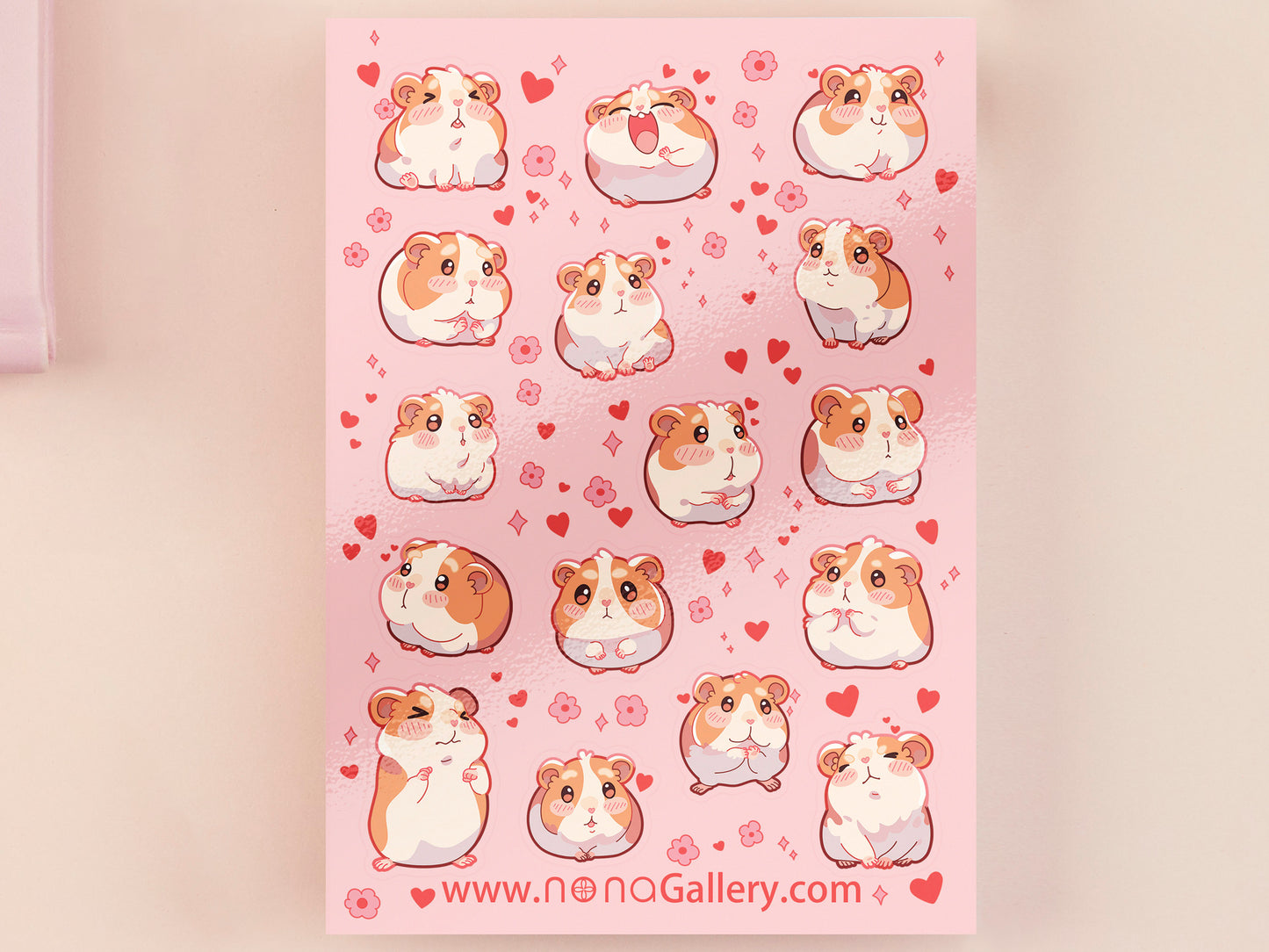 Cute large waterproof gloss vinyl sticker sheet of multiple chibi hamsters and guinea pigs