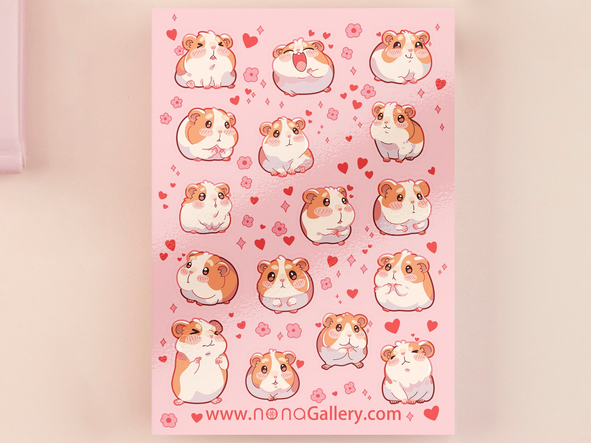 Cute large waterproof gloss vinyl sticker sheet of multiple chibi hamsters and guinea pigs