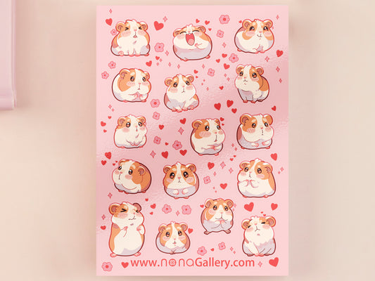 Cute large waterproof gloss vinyl sticker sheet of multiple chibi hamsters and guinea pigs