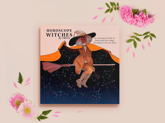 Square book with a front cover of a dark skinned witch flying on a broomstick with her cape flowing behind filled with the night sky and the zodiac consolations. The book has the title and text written on it of Horoscope Witches by nona, An astrological guide to understand your magic according to the star signs.