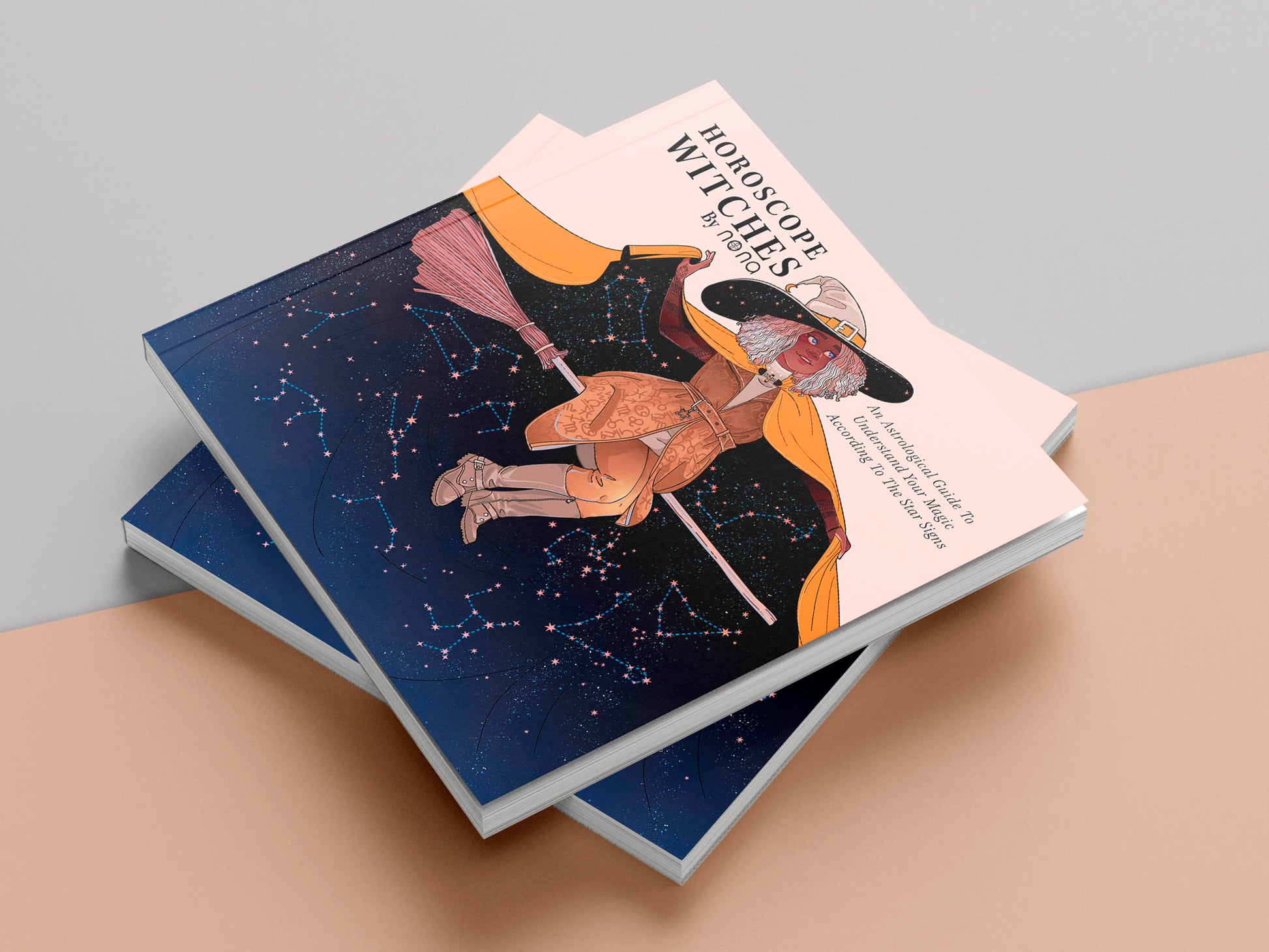 Book front cover a dark skinned witch flying on a broomstick with her cape flowing behind filled with the night sky zodiac consolations the title Horoscope Witches by nona, An astrological guide to understand your magic according to the star signs.