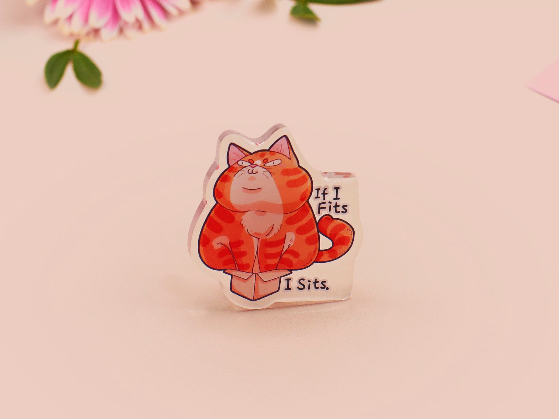 Clear acrylic pin badge with pin heart-shaped pin back clasp. The design of the pin badge is a cute cartoon ginger cat sat in a small cardboard box with the quote if I fits I sits.