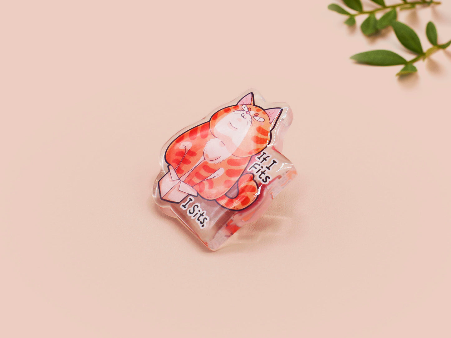 Clear acrylic pin badge with pin heart-shaped pin back clasp. The design of the pin badge is a cute cartoon ginger cat sat in a small cardboard box with the quote if I fits I sits.
