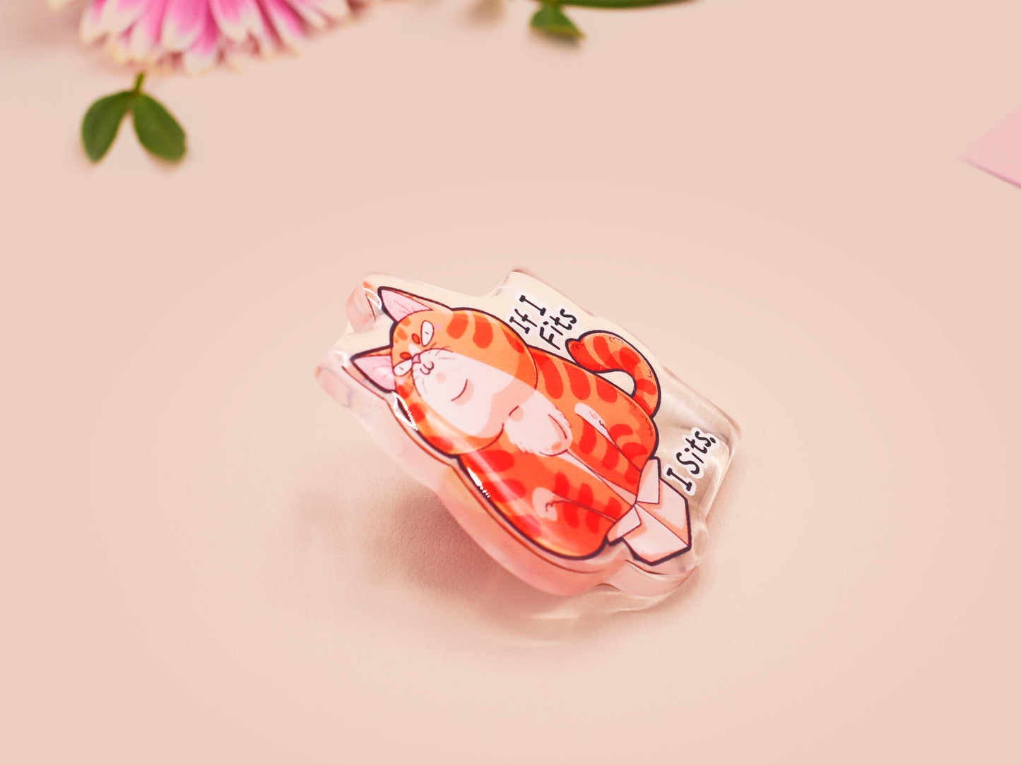 Clear acrylic pin badge with pin heart-shaped pin back clasp. The design of the pin badge is a cute cartoon ginger cat sat in a small cardboard box with the quote if I fits I sits.
