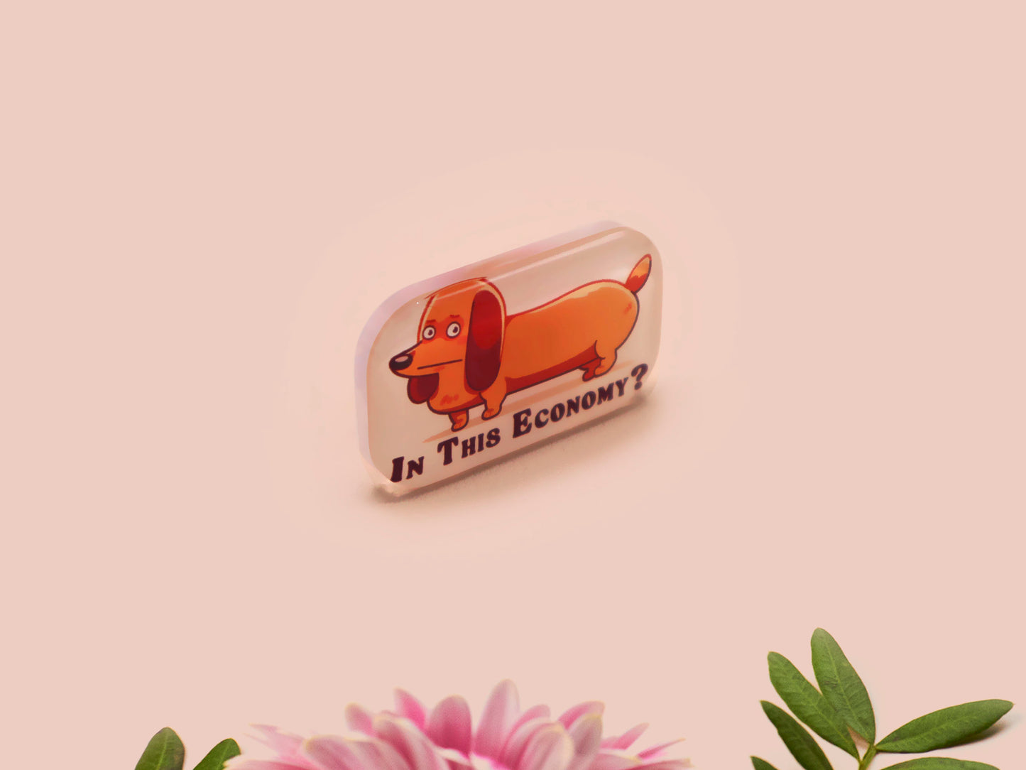 A clear acrylic pin badge with a pink heart-shaped pin back clasp. The design of the pin badge is of a cute chibi dachshund sausage dog with the quote in this economy?