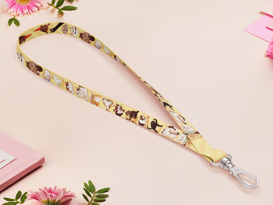 Cute full legth yellow lanyard with a double sided internet meme cat pattern and silver swivel hook clasp.