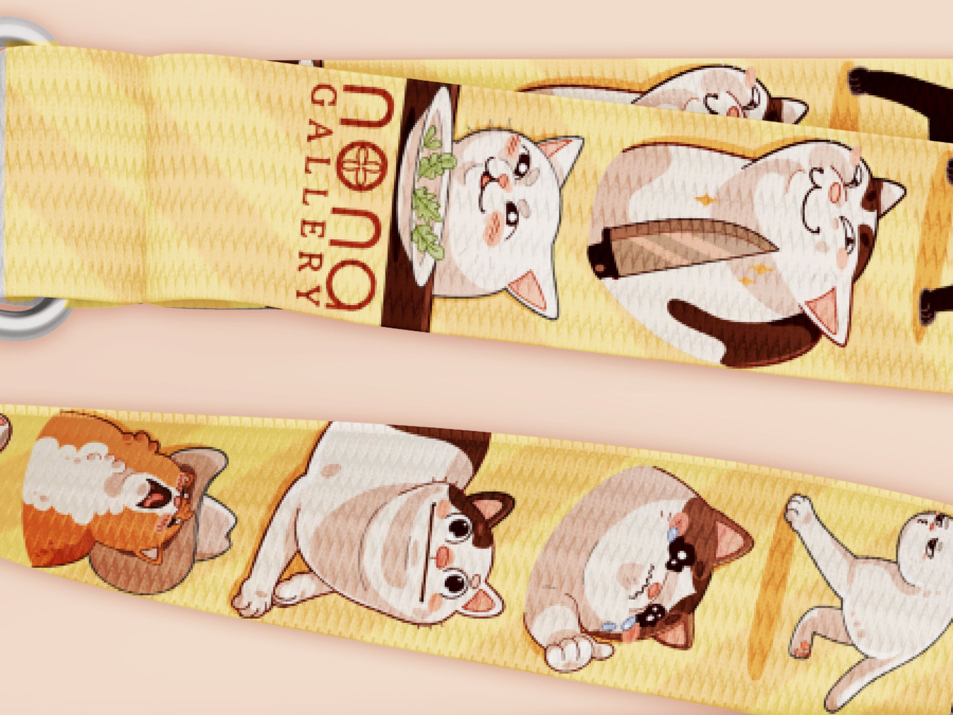Cute full legth yellow lanyard with a double sided internet meme cat pattern and silver swivel hook clasp.
