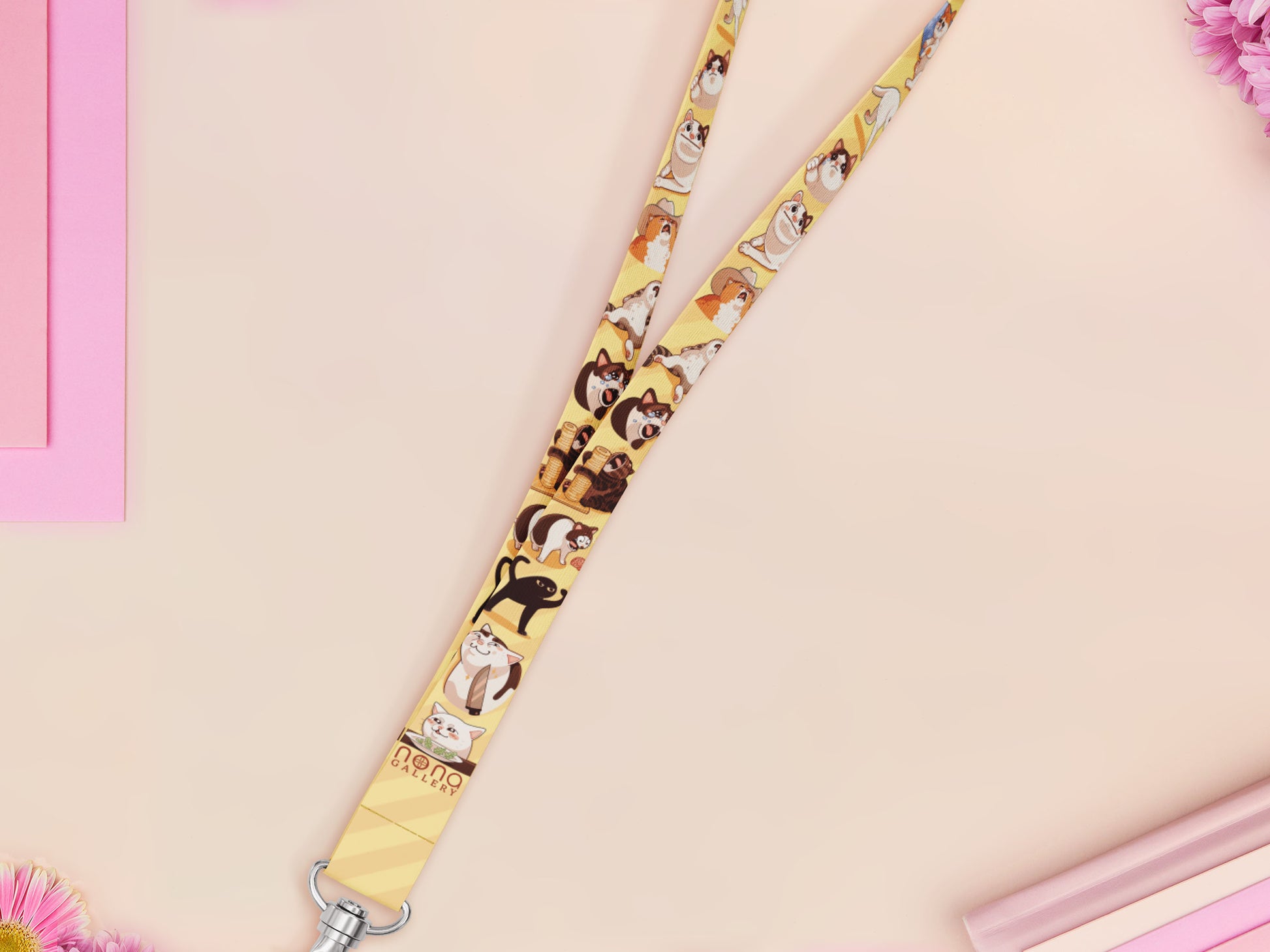 Cute full legth yellow lanyard with a double sided internet meme cat pattern and silver swivel hook clasp.