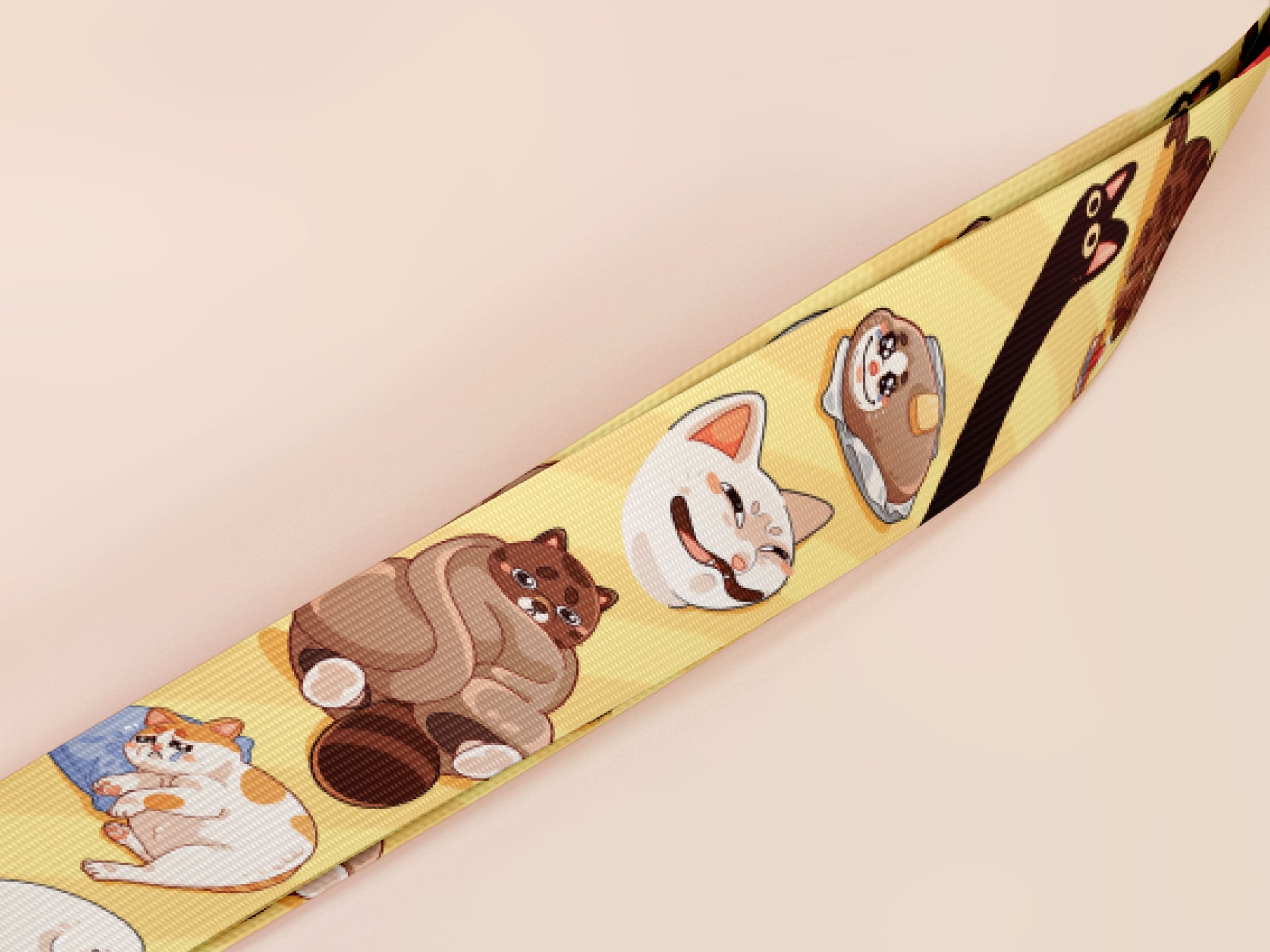 Cute full legth yellow lanyard with a double sided internet meme cat pattern and silver swivel hook clasp.