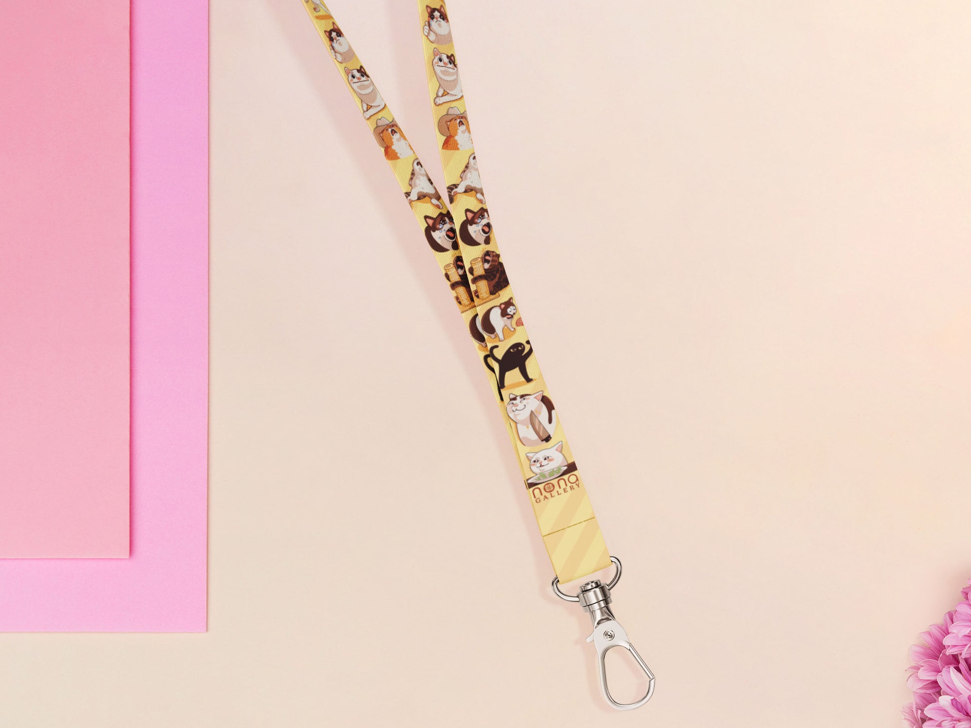 Cute full legth yellow lanyard with a double sided internet meme cat pattern and silver swivel hook clasp.