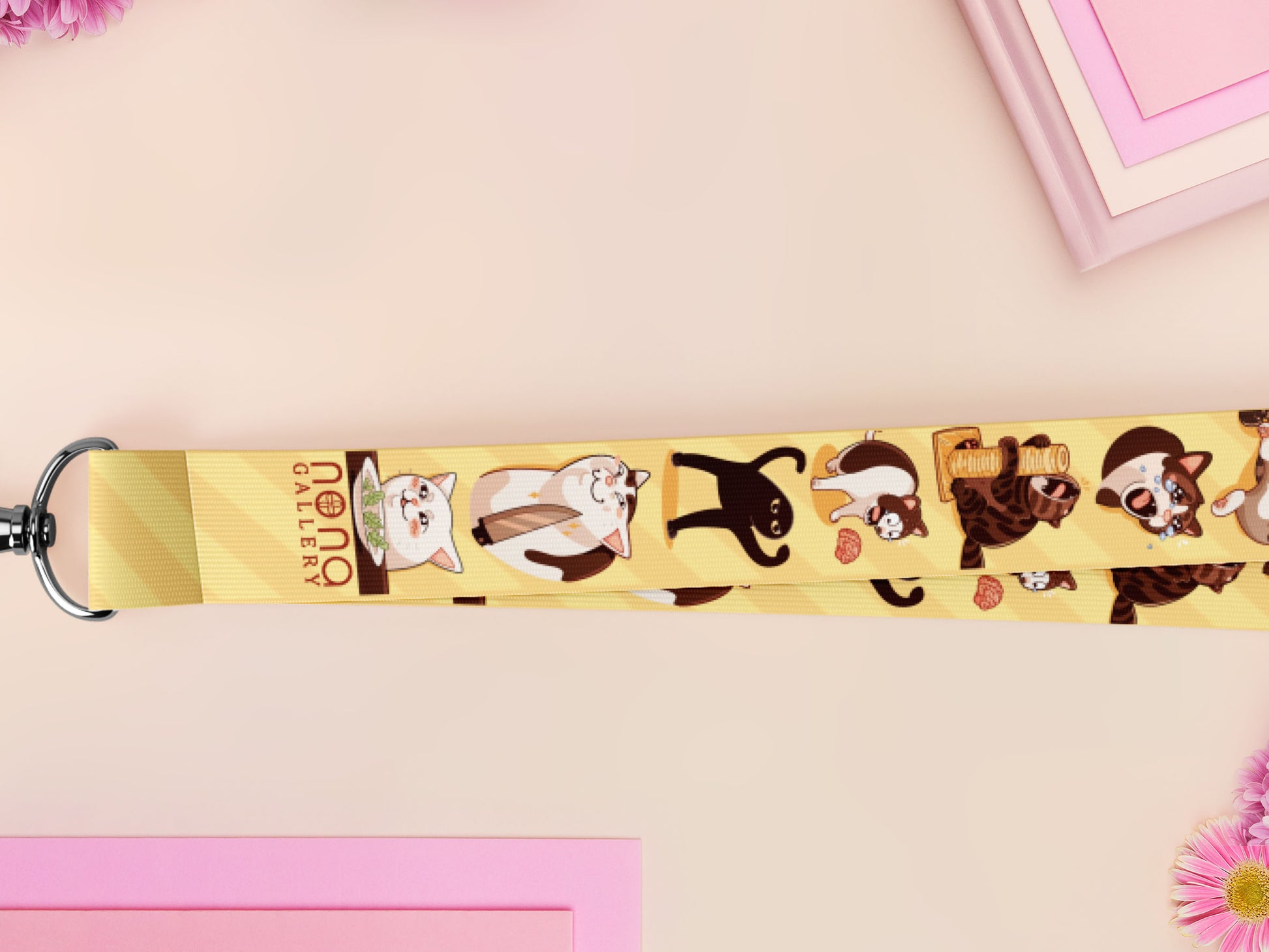 Cute full legth yellow lanyard with a double sided internet meme cat pattern and silver swivel hook clasp.