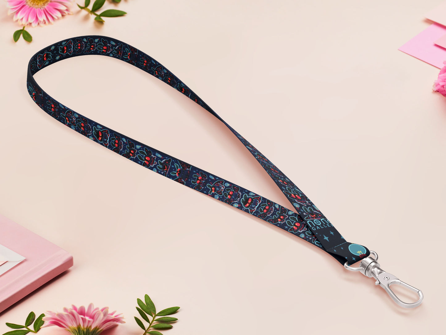 Cute full legth black lanyard with a double sided cute chibi Mothman pattern and silver swivel hook clasp.