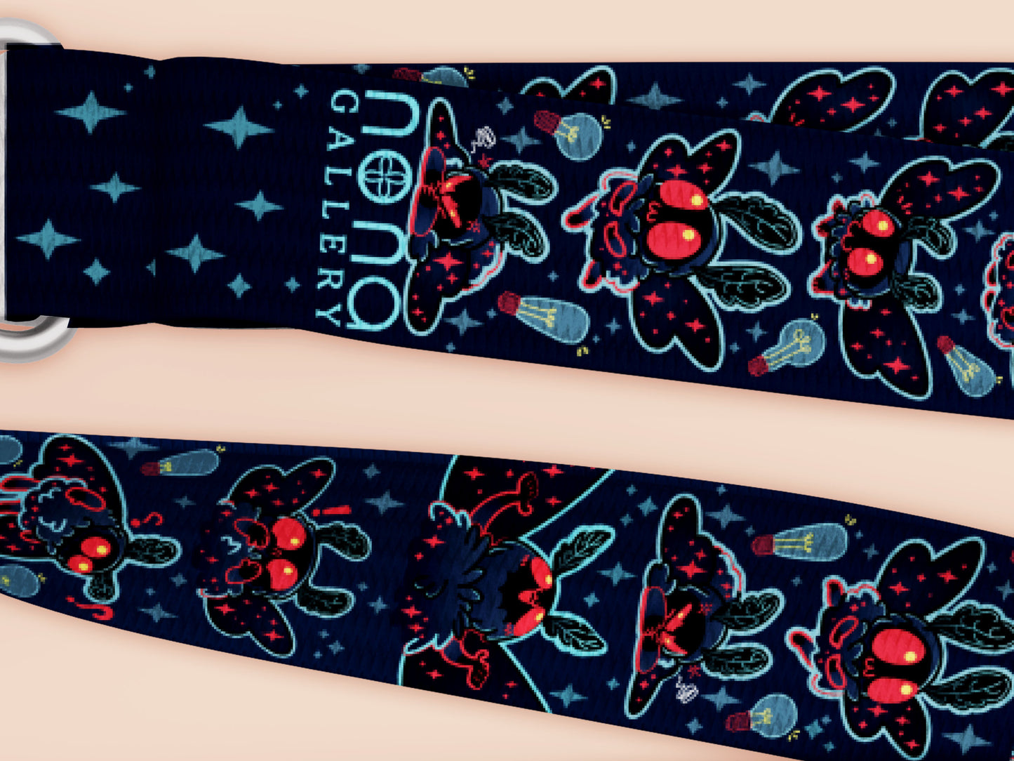 Cute full legth black lanyard with a double sided cute chibi Mothman pattern and silver swivel hook clasp.