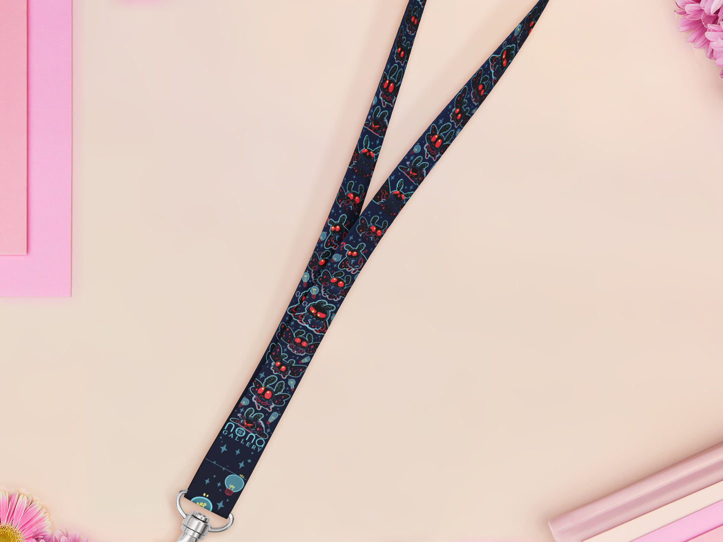 Cute full legth black lanyard with a double sided cute chibi Mothman pattern and silver swivel hook clasp.