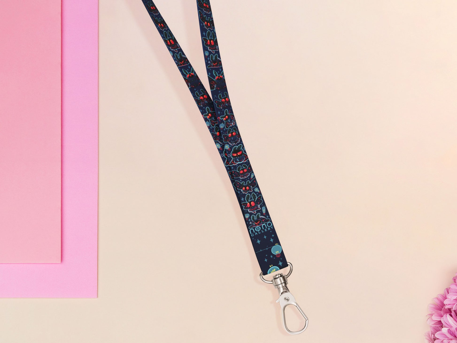 Cute full legth black lanyard with a double sided cute chibi Mothman pattern and silver swivel hook clasp.
