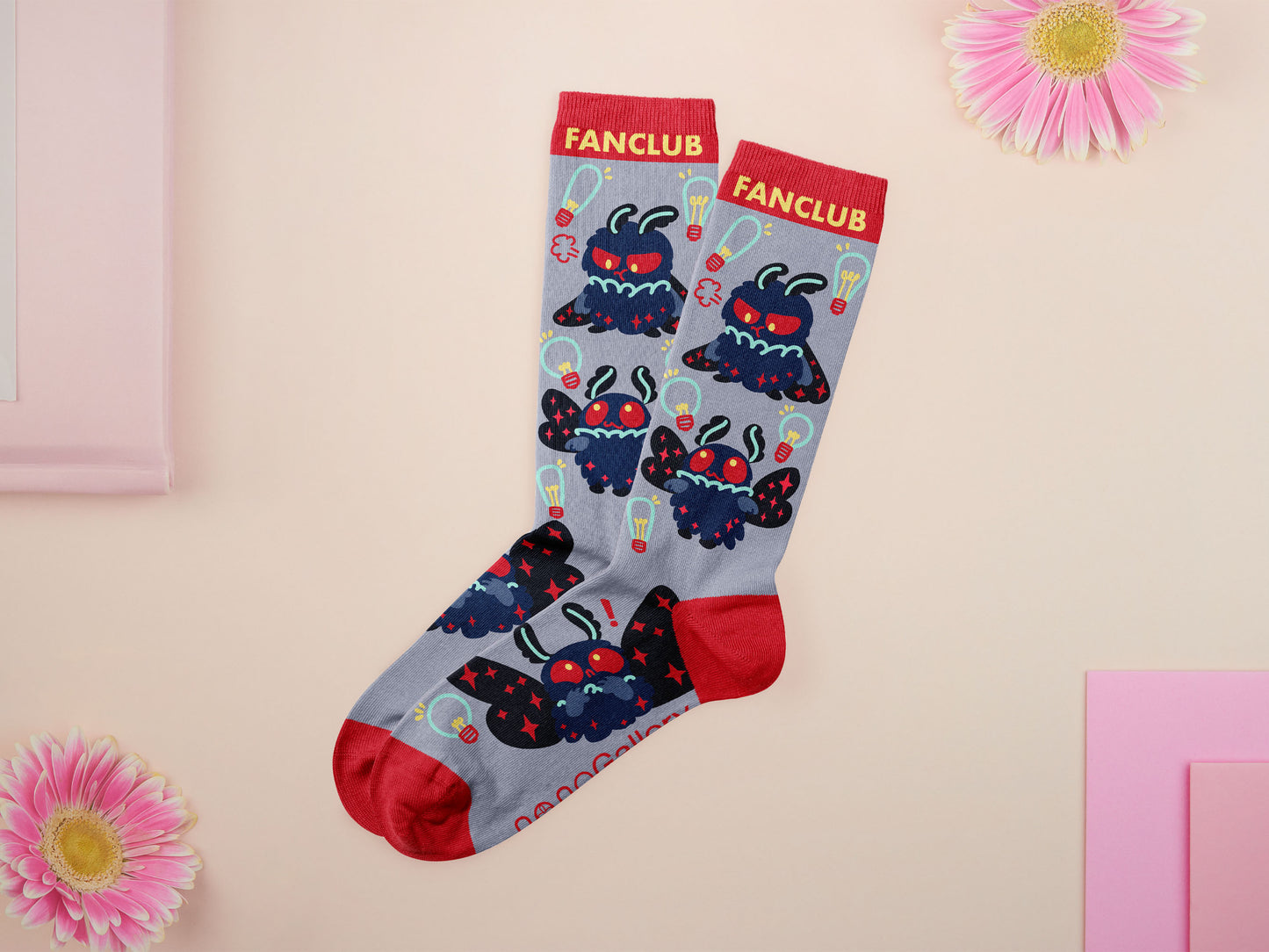 Cute knitted cotton crew socks with a cute chibi mothman fanclub design.