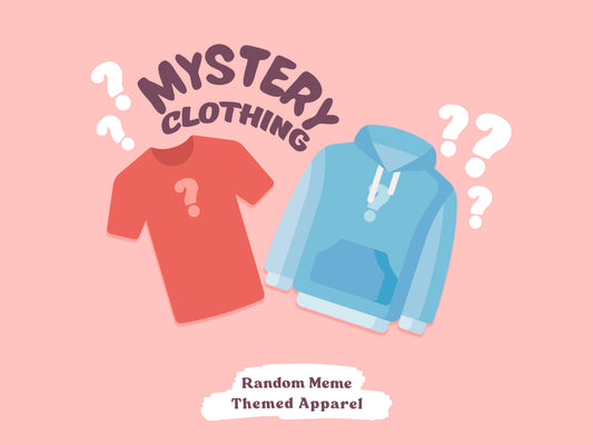 A red t-shirt and blue hoodie illustration surrounded by question marks and the text mystery clothing random meme themed apparel