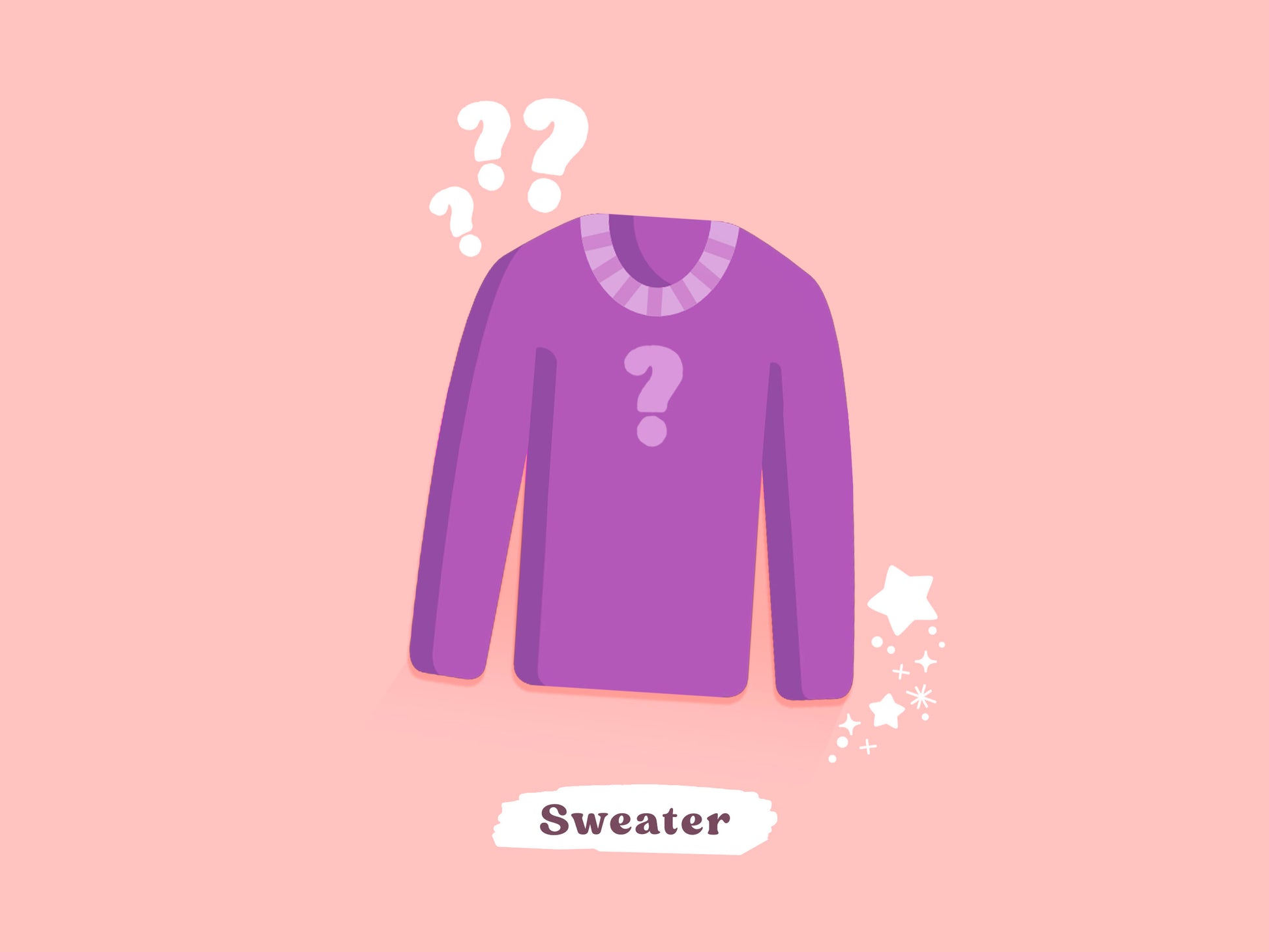 A purple sweater illustration surrounded by question marks and the text sweater, mystery clothing random meme themed apparel