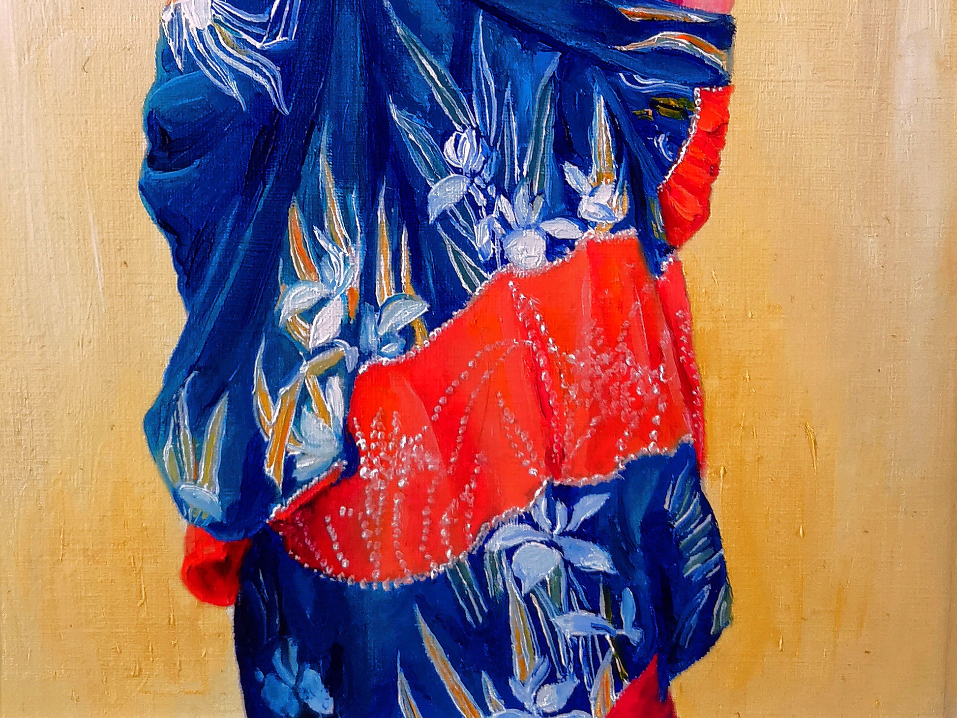 Close up of oil painting of a blue iris pattern kimono with red stripe and a yellow background.