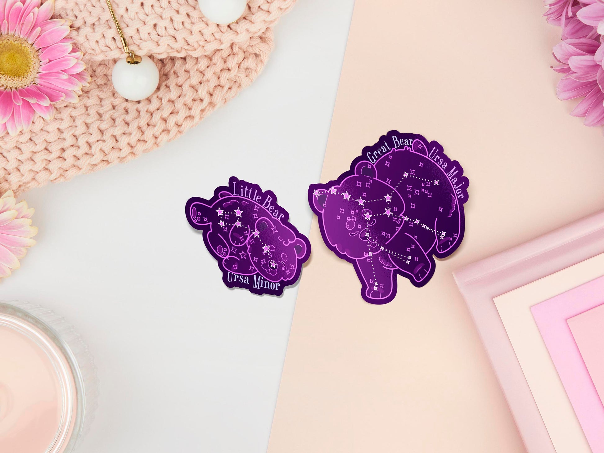 Two stickers of digitally illustrated cartoons of the constellations little bear and the great bear as cute chibi bear characters