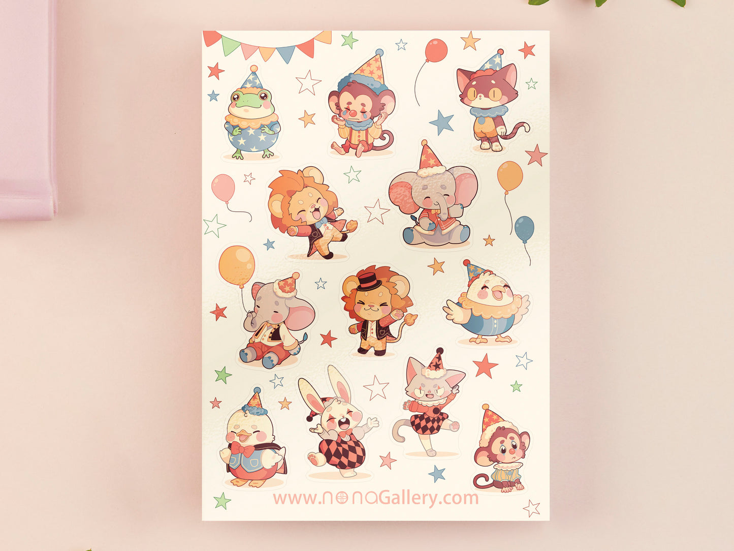 Large sticker sheet of digital illustrated cartoon cute animals wearing party hats and circus clothing in various poses and expressions. The animals include frogs, monkeys, cats, lions, elephants, chickens, birds, ducks, and bunny rabbits.