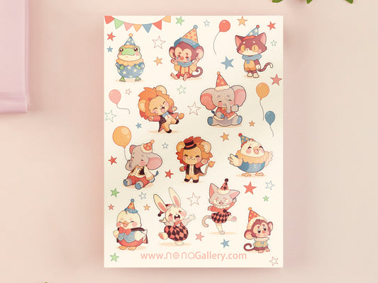Large sticker sheet of digital illustrated cartoon cute animals wearing party hats and circus clothing in various poses and expressions. The animals include frogs, monkeys, cats, lions, elephants, chickens, birds, ducks, and bunny rabbits.