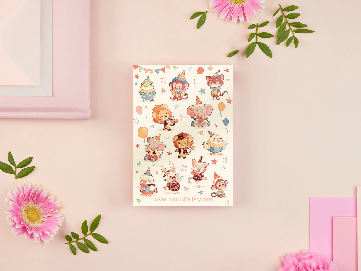 Large sticker sheet of digital illustrated cartoon cute animals wearing party hats and circus clothing in various poses and expressions. The animals include frogs, monkeys, cats, lions, elephants, chickens, birds, ducks, and bunny rabbits.
