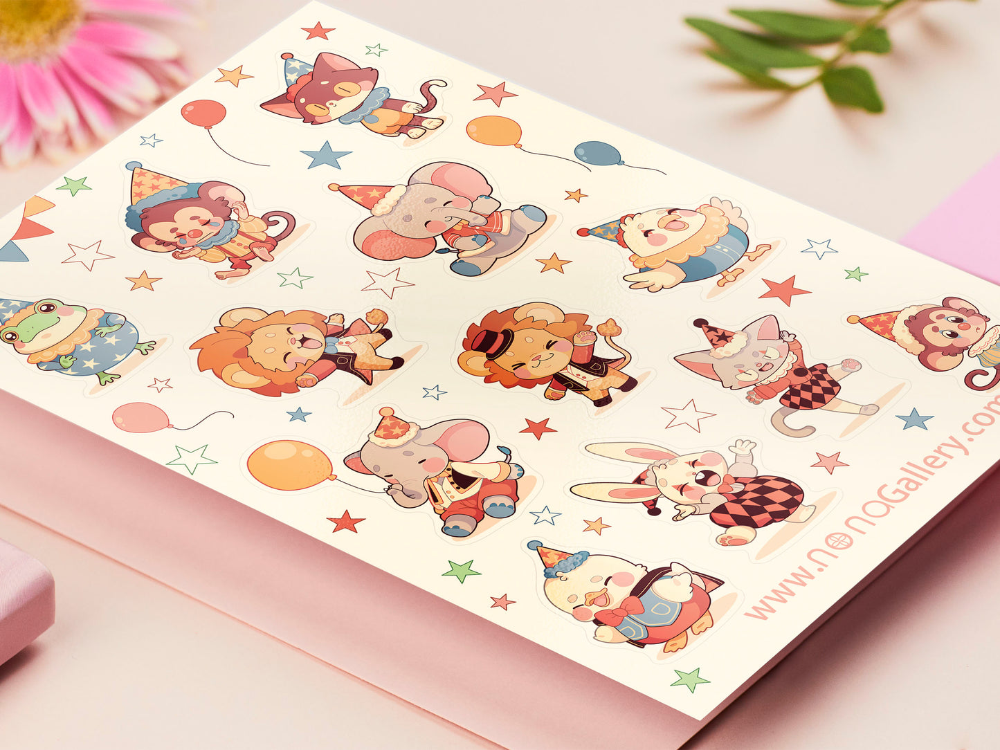 Large sticker sheet of digital illustrated cartoon cute animals wearing party hats and circus clothing in various poses and expressions. The animals include frogs, monkeys, cats, lions, elephants, chickens, birds, ducks, and bunny rabbits.