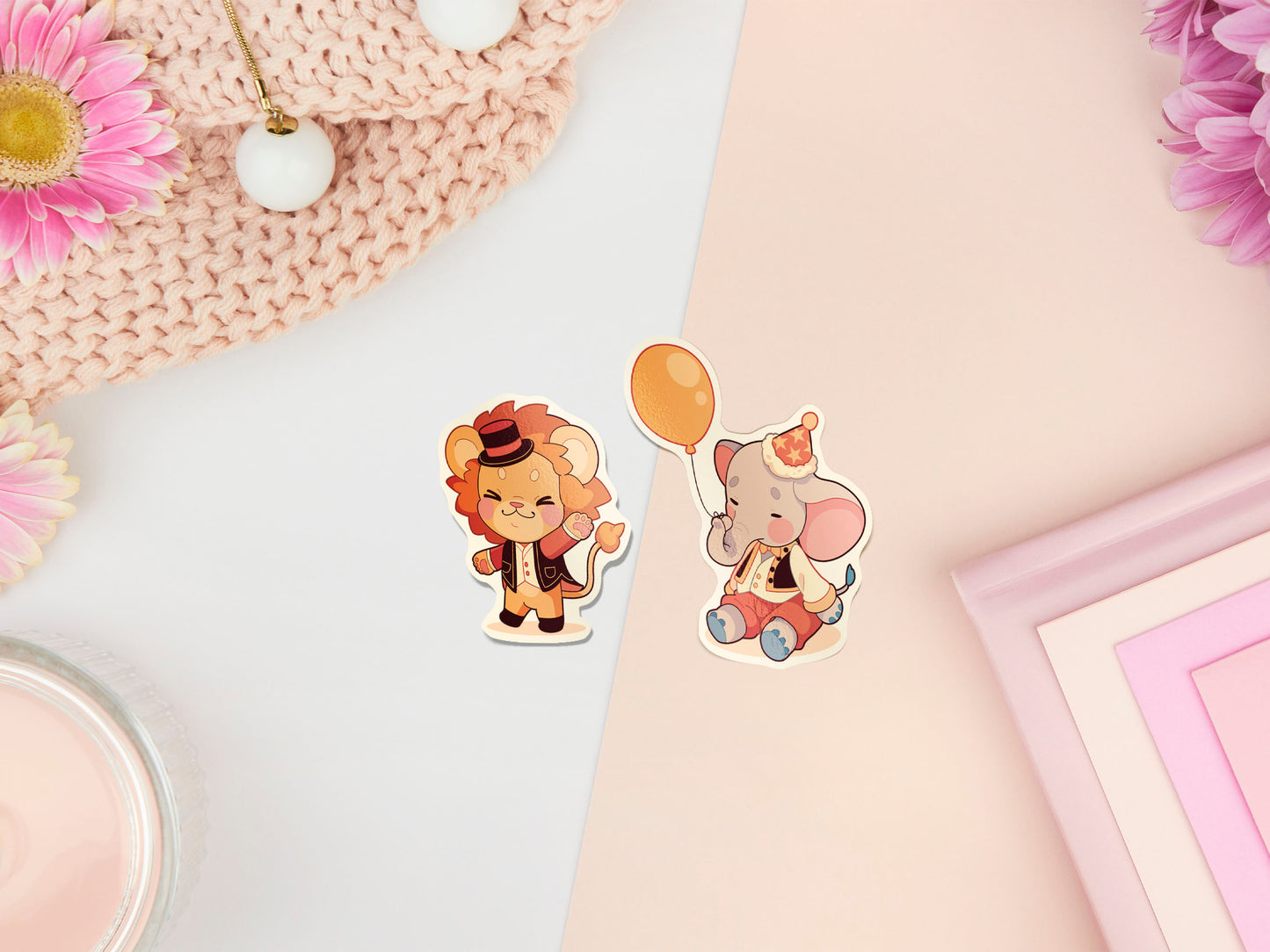 Large sticker sheet of digital illustrated cartoon cute animals wearing party hats and circus clothing in various poses and expressions. The animals include frogs, monkeys, cats, lions, elephants, chickens, birds, ducks, and bunny rabbits.