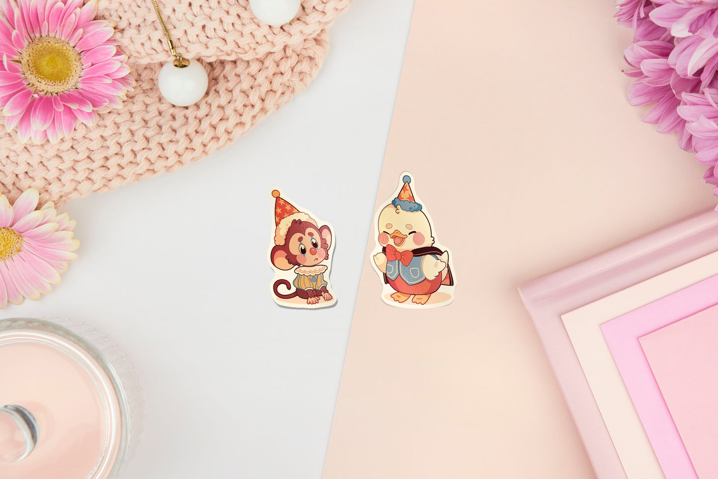 Large sticker sheet of digital illustrated cartoon cute animals wearing party hats and circus clothing in various poses and expressions. The animals include frogs, monkeys, cats, lions, elephants, chickens, birds, ducks, and bunny rabbits.