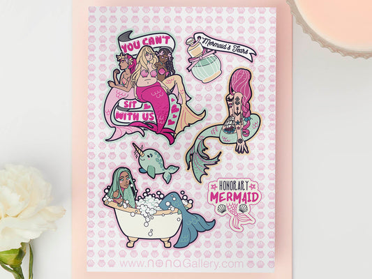 Large sticker sheet of digital illustration cartoons of mermaids, quotes, narwhals and perfume bottles