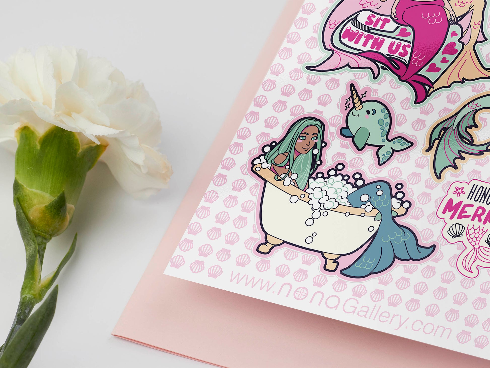 Large sticker sheet of digital illustration cartoons of mermaids, quotes, narwhals and perfume bottles