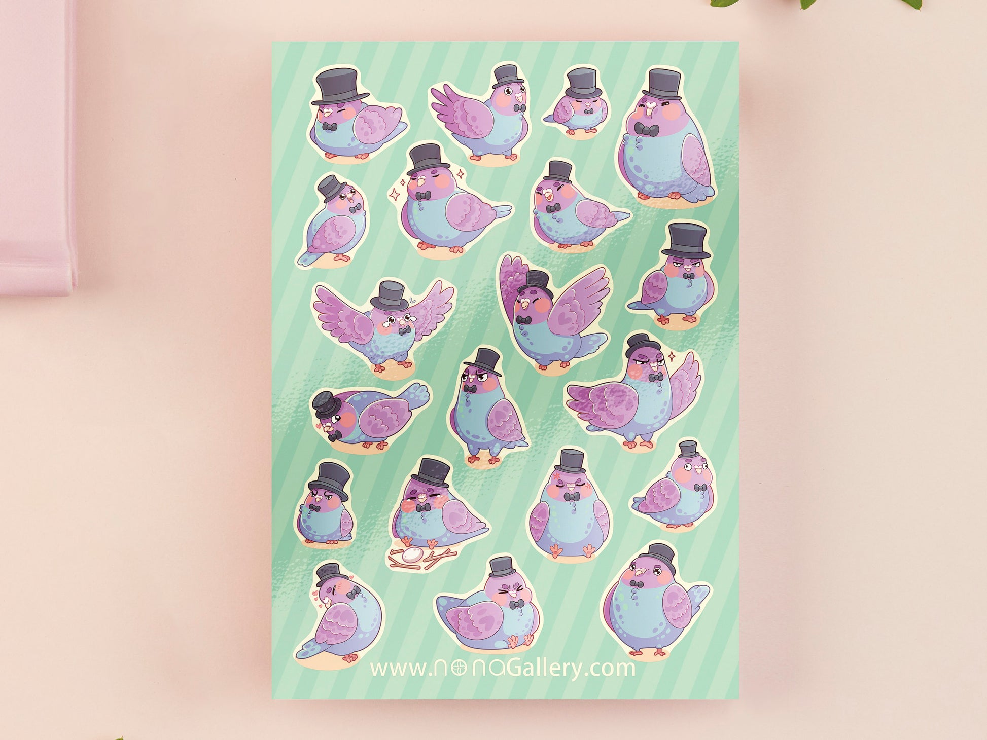 Large sticker sheet of digital illustrated cartoon pigeons wearing top hats and bow ties in various poses and expressions