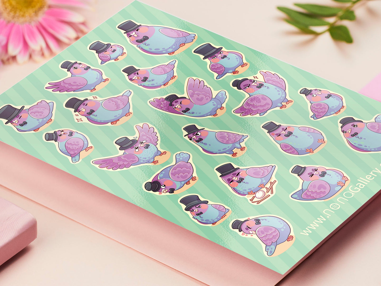 Large sticker sheet of digital illustrated cartoon pigeons wearing top hats and bow ties in various poses and expressions