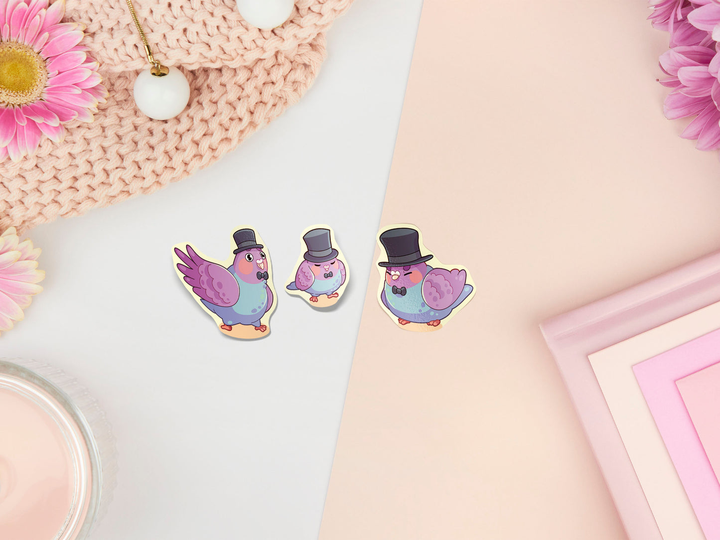 Large sticker sheet of digital illustrated cartoon pigeons wearing top hats and bow ties in various poses and expressions