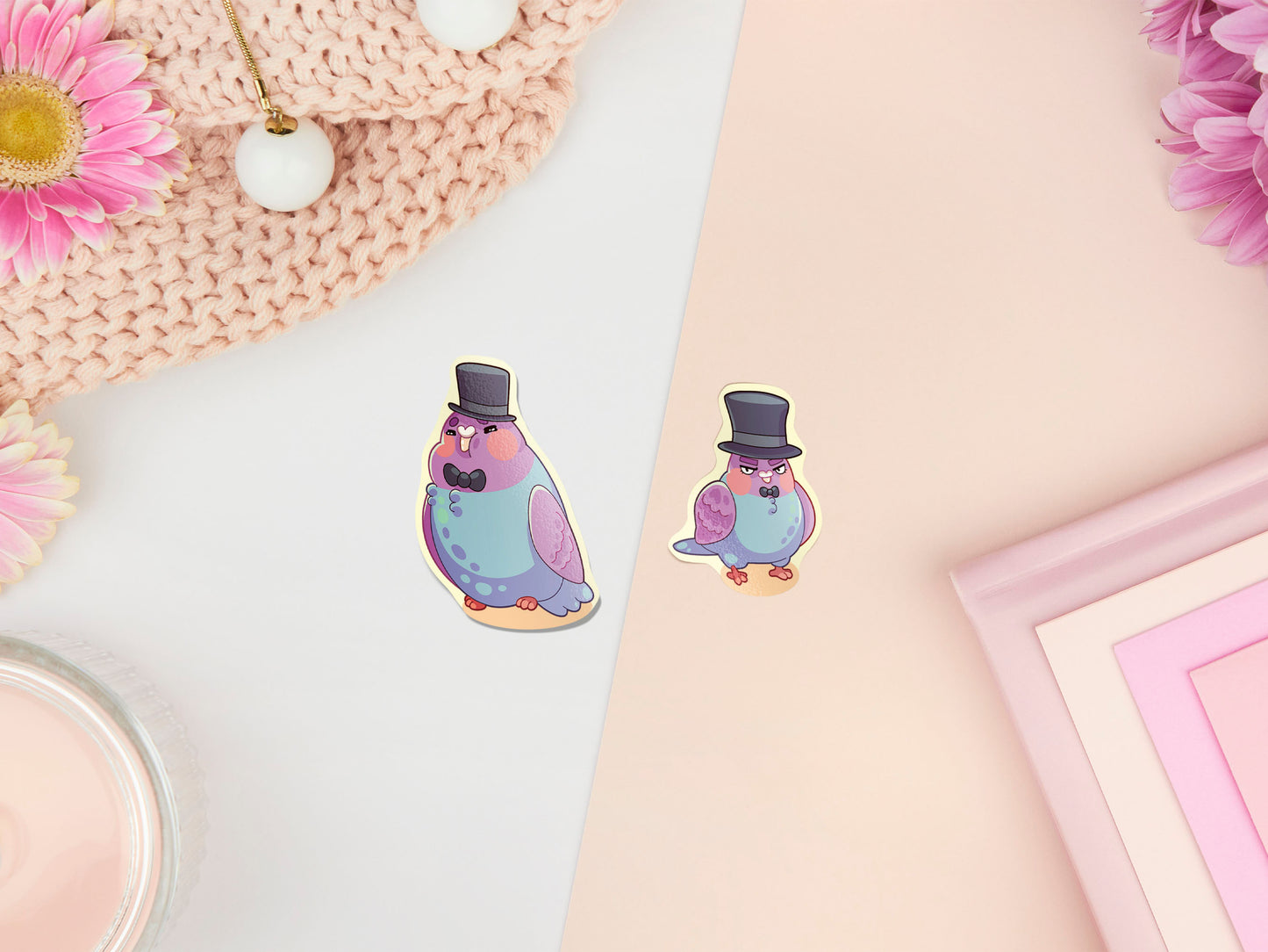 Large sticker sheet of digital illustrated cartoon pigeons wearing top hats and bow ties in various poses and expressions