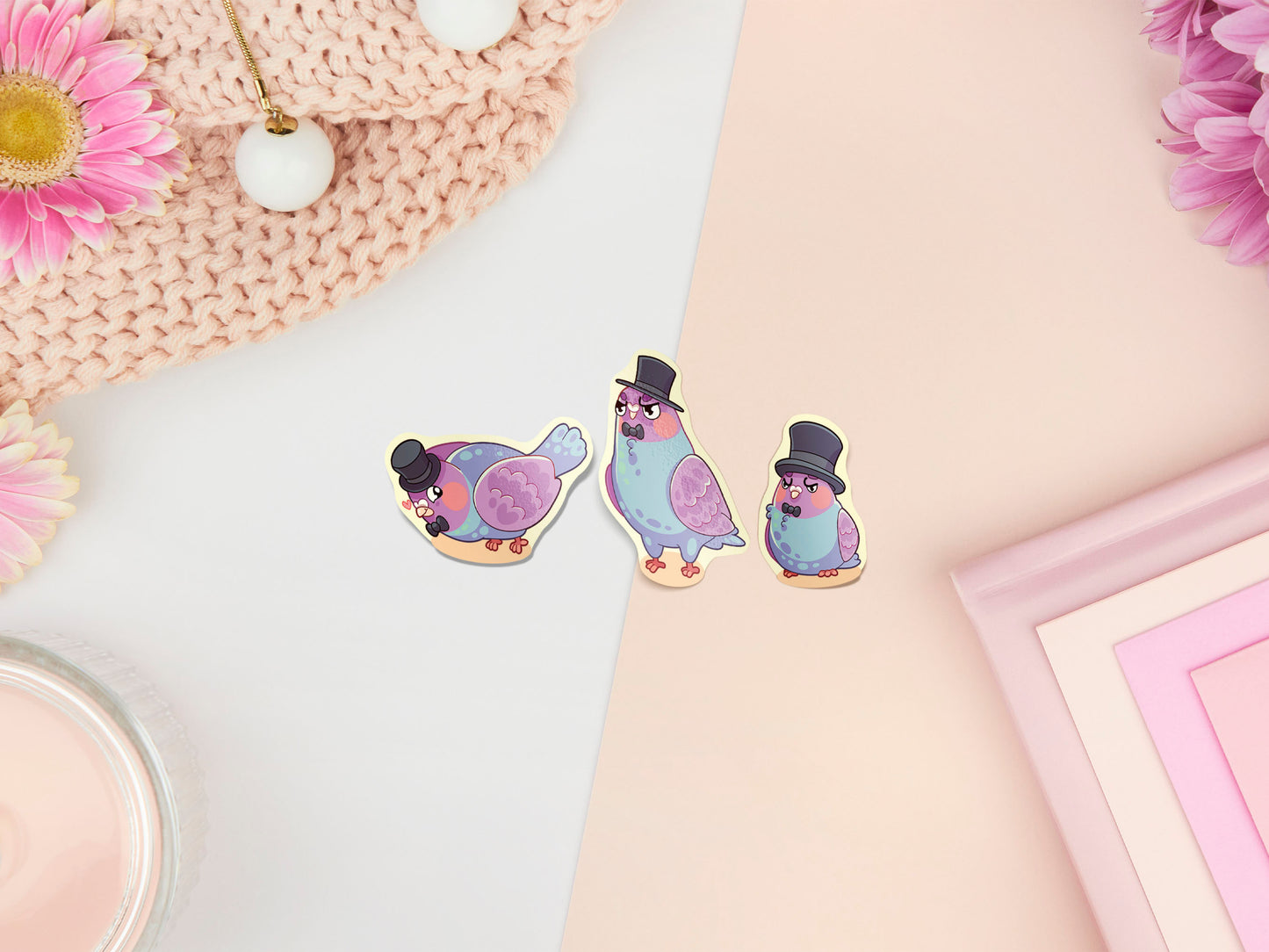 Large sticker sheet of digital illustrated cartoon pigeons wearing top hats and bow ties in various poses and expressions